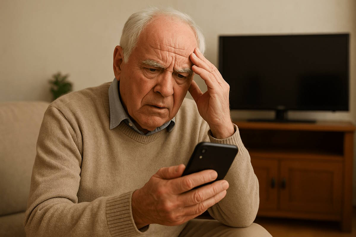 Senior pratar i telefon om teknik